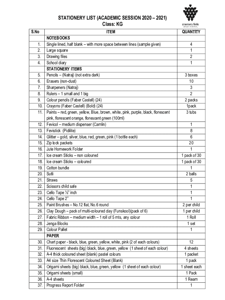 Fillable Online list of stationery items used in schools Fax Email ...