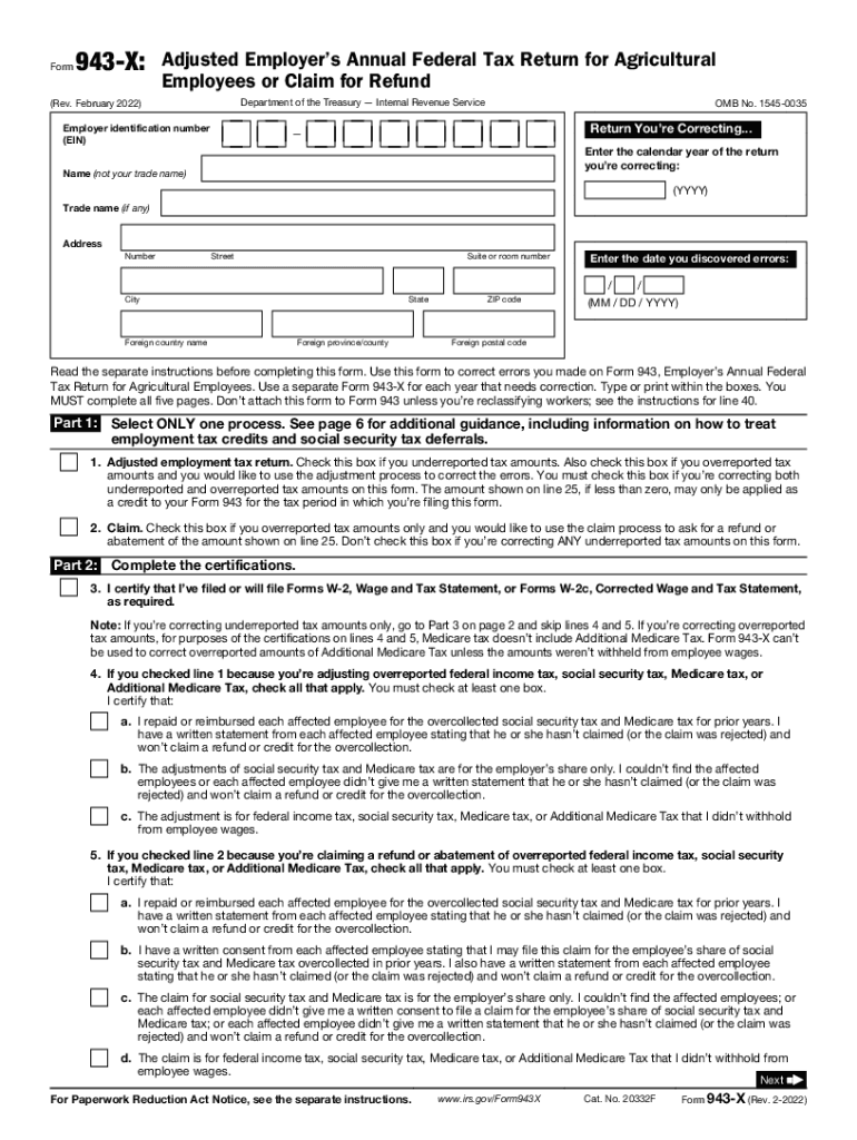 Form 943-X (Rev February 2022) Adjusted Employer's Annual Federal Tax Return for Agricultural Employ Preview on Page 1