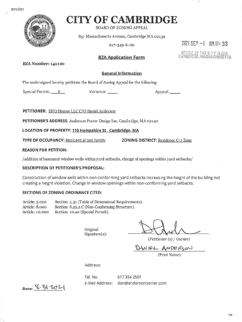 Fillable Online CITY OF CAMBRIDGE MASSACHUSETTS BOARD OF ZONING APPEAL
