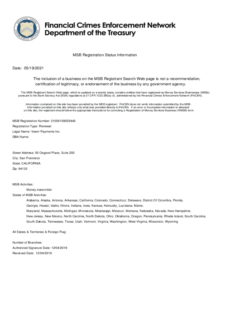 Fillable Online Fillable Online MSB Registration Status Information Fax ...