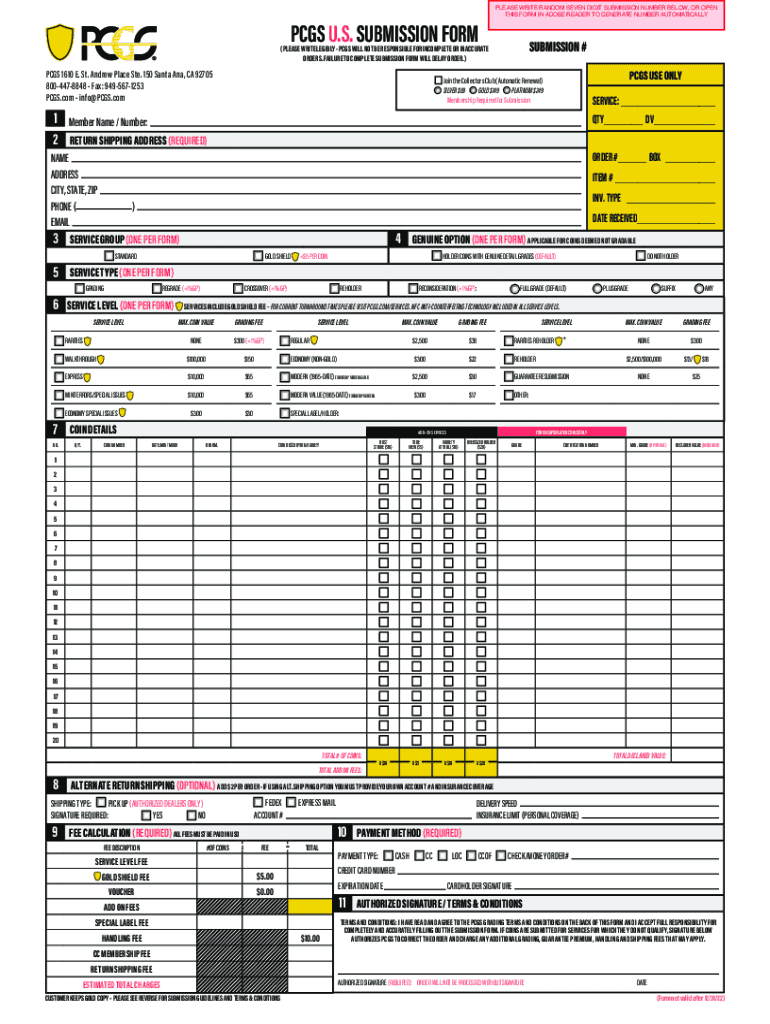 PCGS US Coin Submission Form Preview on Page 1