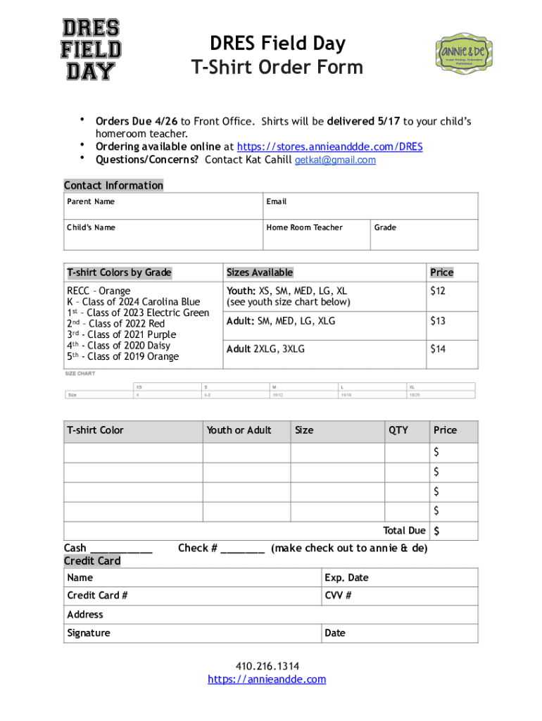 Fillable Online DRES Field Day Shirt Order Form Fax Email Print pdfFiller