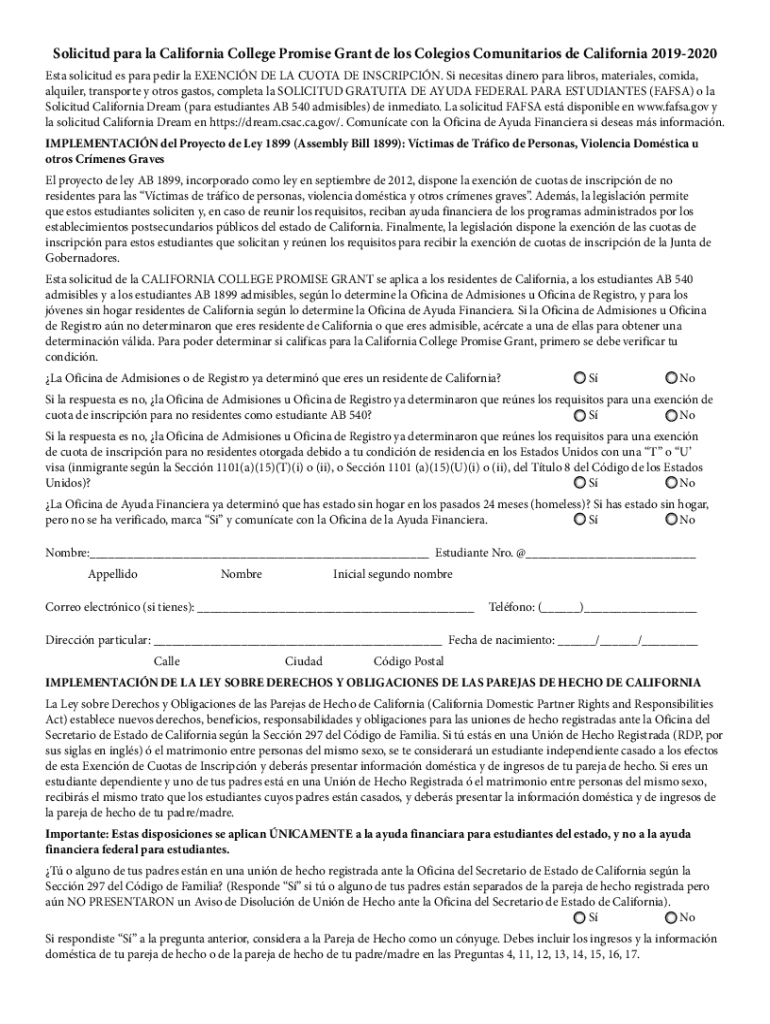Fillable Online 20192020 Solicitud para la California College Promise