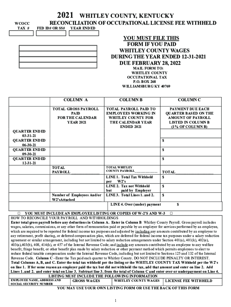 occupational whitley county form Preview on Page 1.