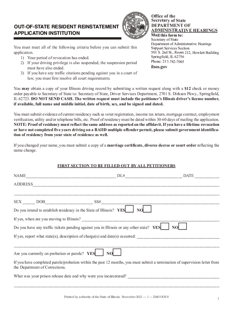 Out-Of-State Resident Reinstatement Application Institution Preview on Page 1