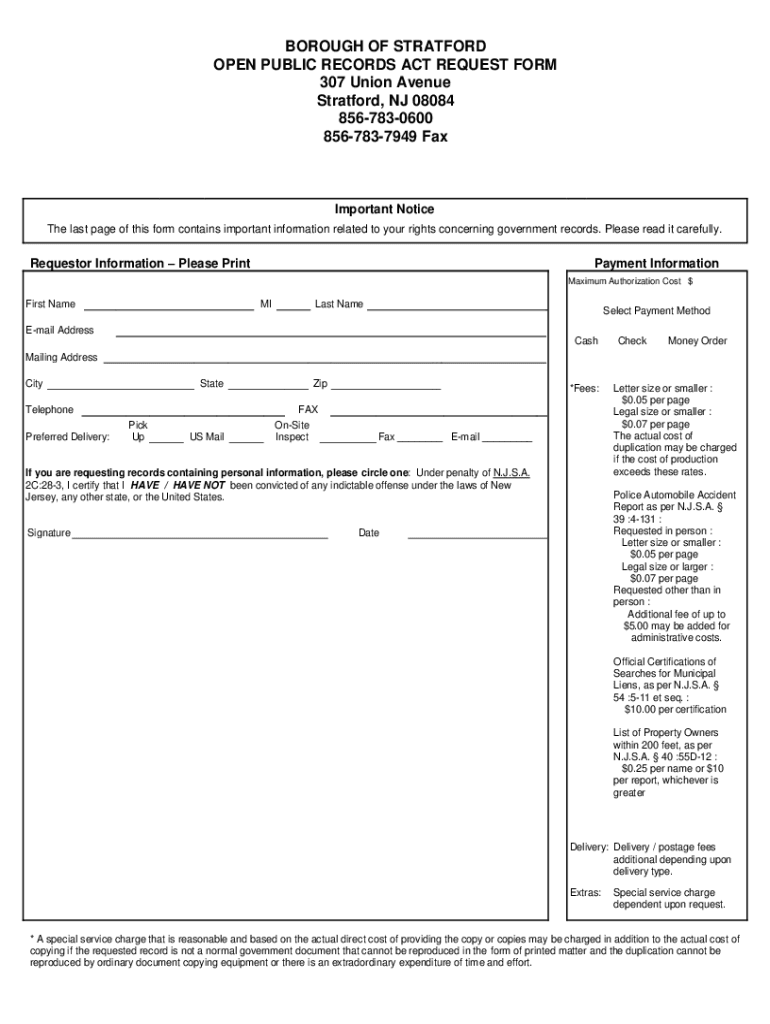 Fillable Online BOROUGH OF STRATFORD OPEN PUBLIC RECORDS ACT REQUEST