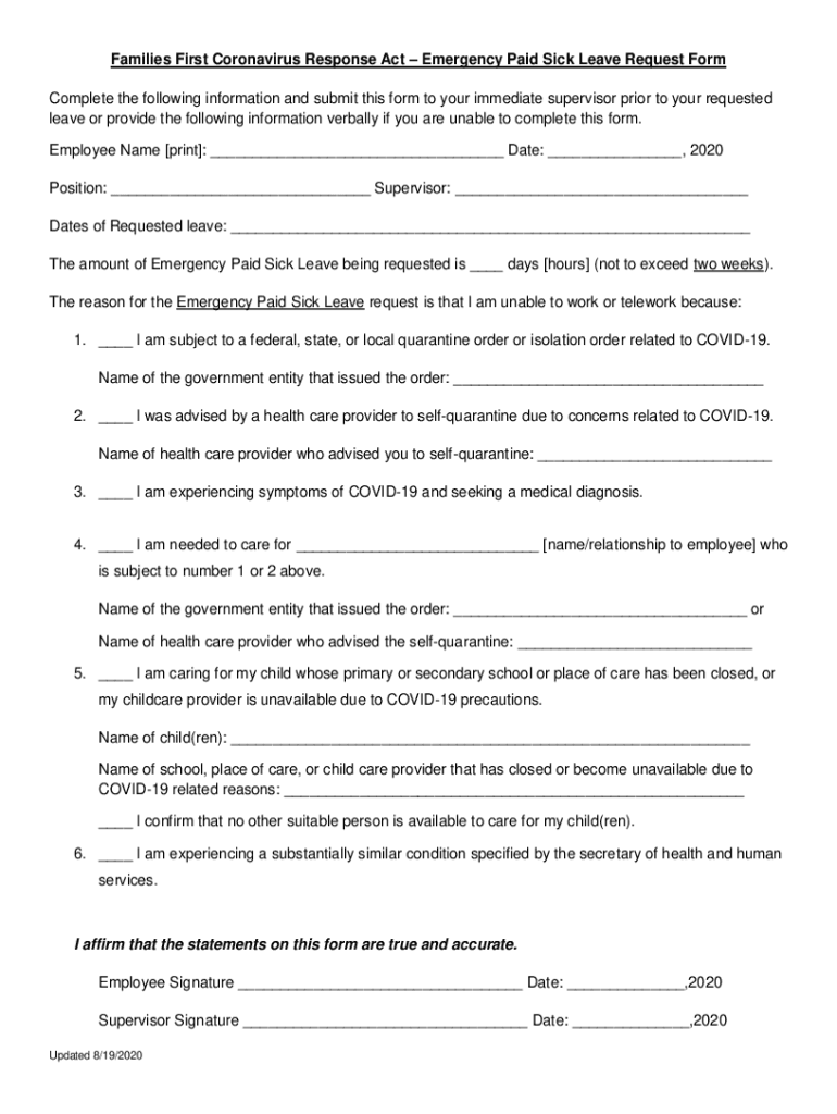 Fillable online emergency paid sick leave attestation and request form
