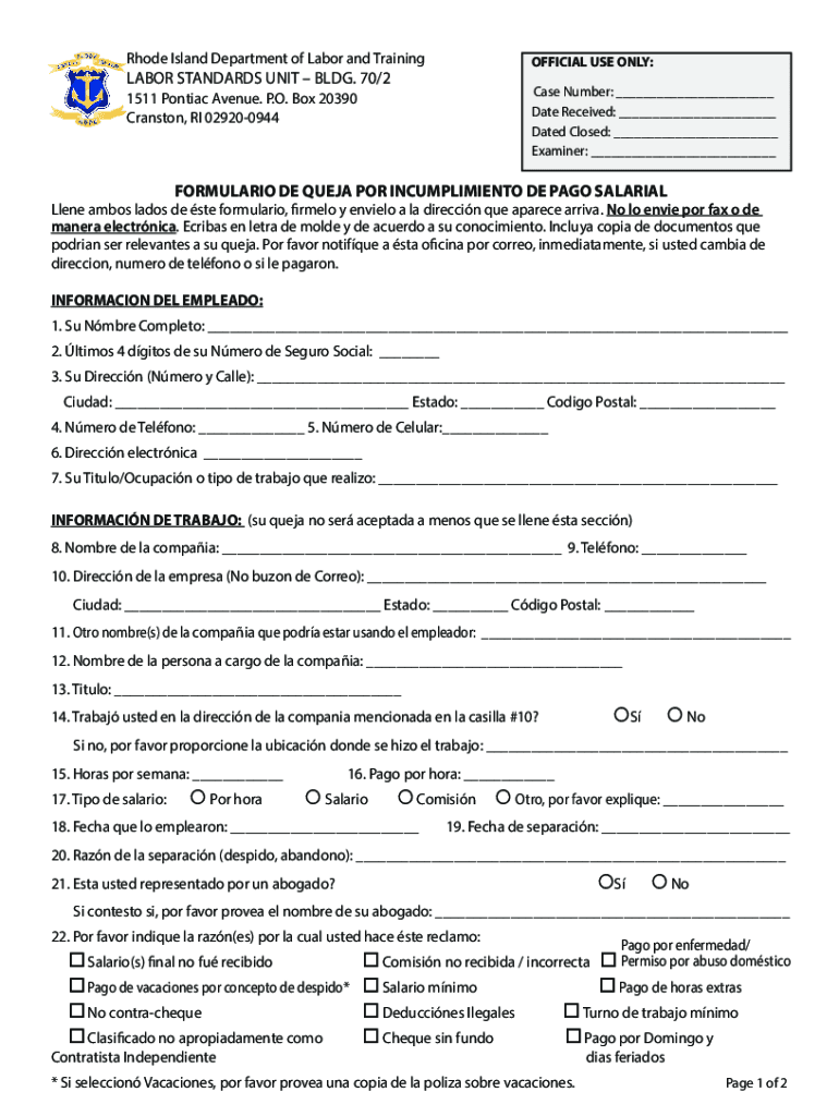 Fillable Online dlt ri NONPAYMENT OF WAGES COMPLAINT FORM do