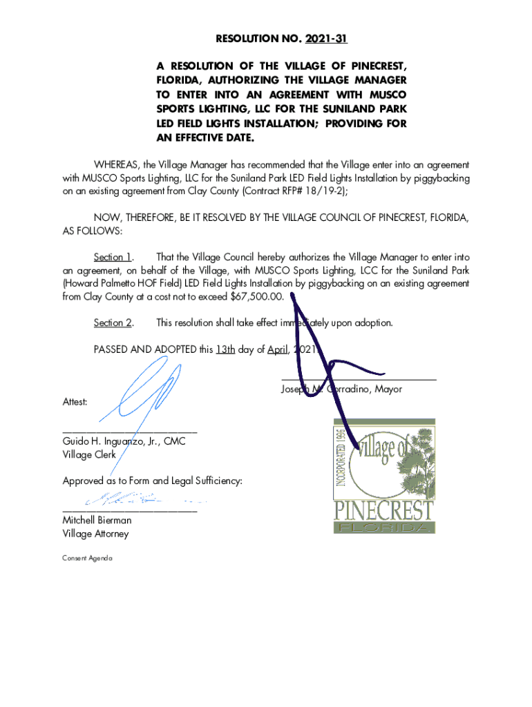 Fillable Online RESOLUTION NO. 2021-31 A RESOLUTION OF THE VILLAGE OF ...