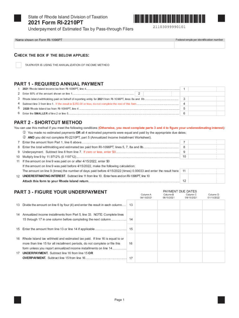 State of Rhode Island Division of Taxation 2020 Form RI-2210PT Preview on Page 1