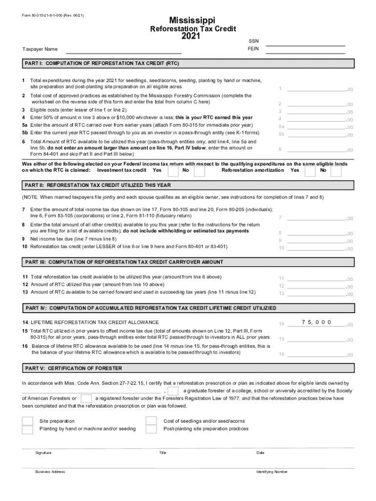 Mississippi Form 80-315i (Re-forestation Tax Credit ... Preview on Page 1.