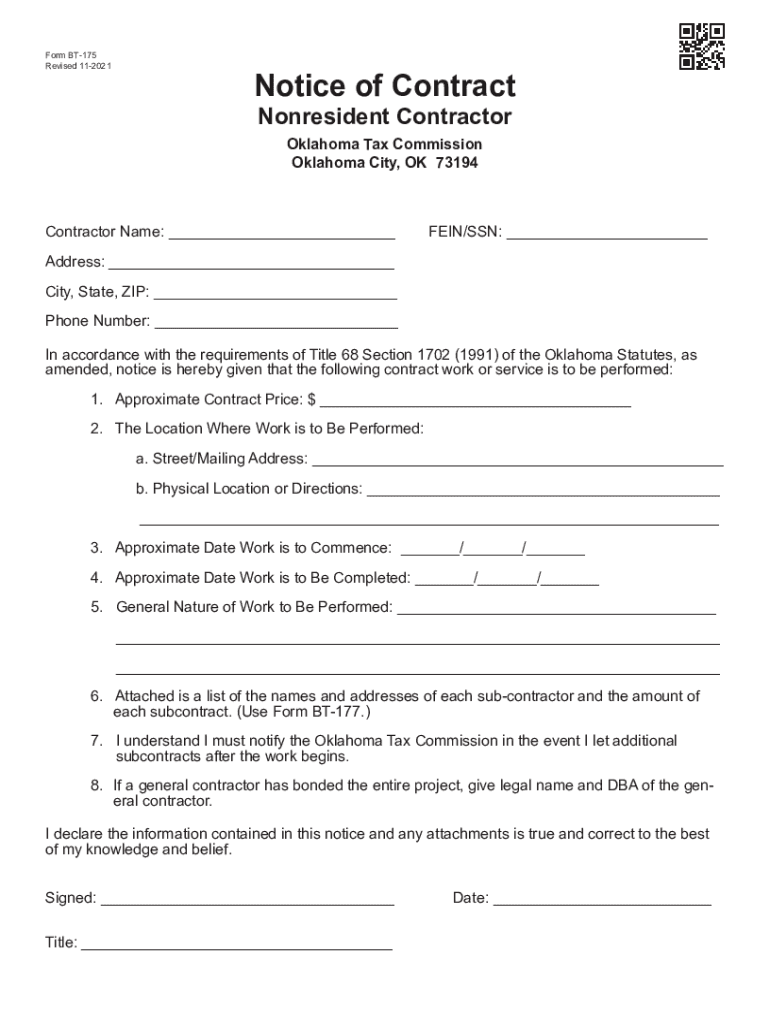 Form BT-175 Notice of Contract Nonresident Contractor Preview on Page 1.