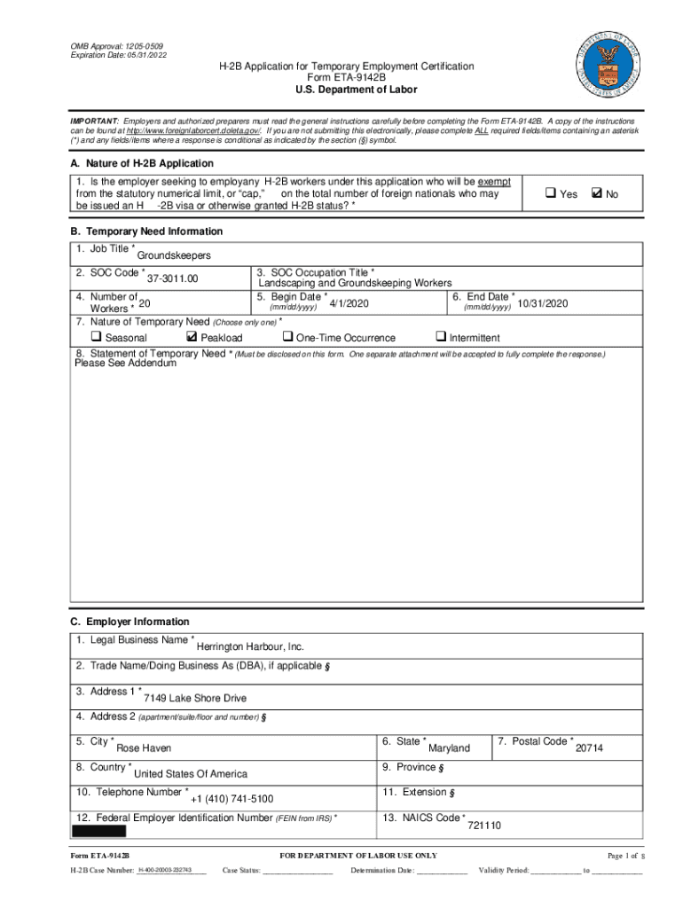 Fillable Online Fillable Online H-2B Application for Temporary ...