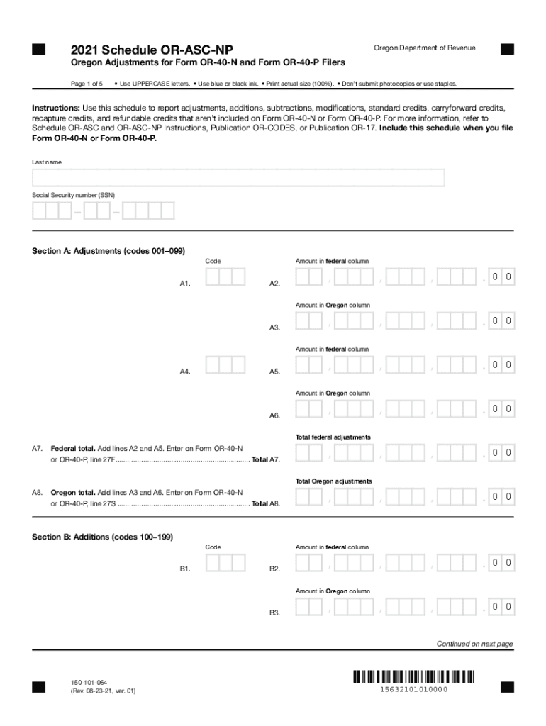 2021 Schedule OR-ASC, Oregon Adjustments for Form OR-40 Filers Preview on Page 1