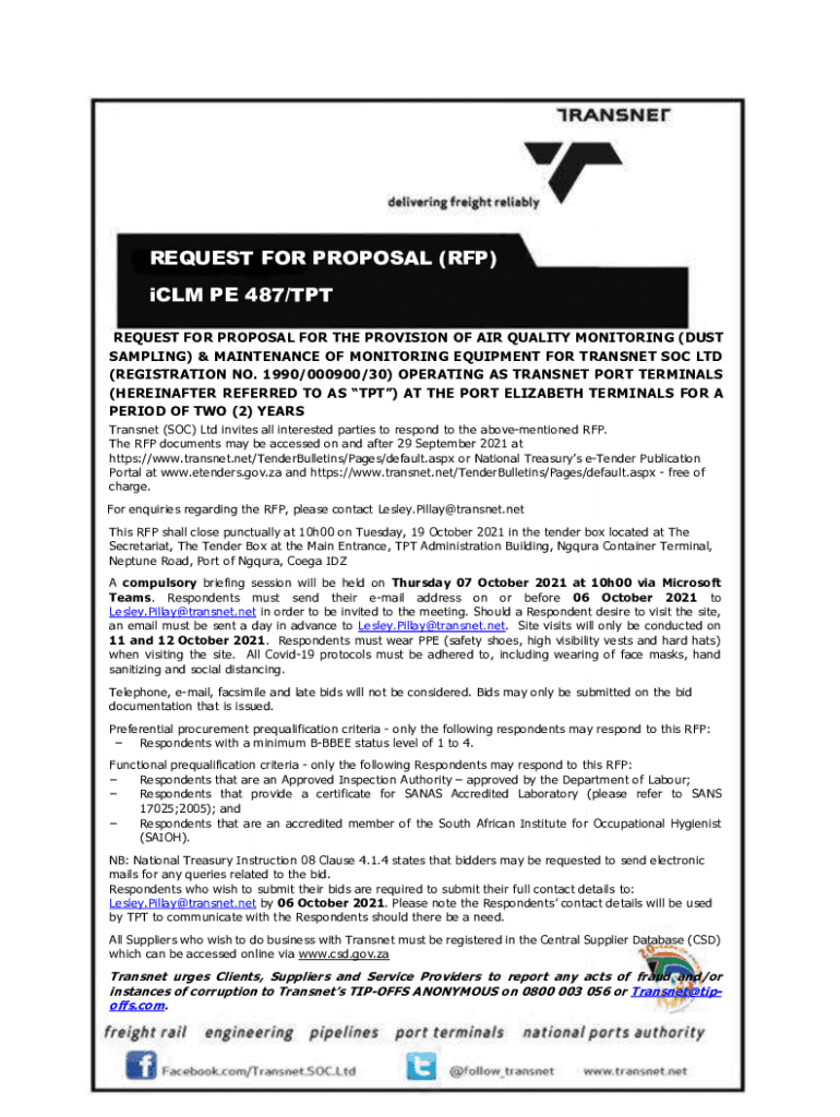 Fillable Online iCLM PE 487/TPT REQUEST FOR PROPOSAL (RFP) - Transnet ...