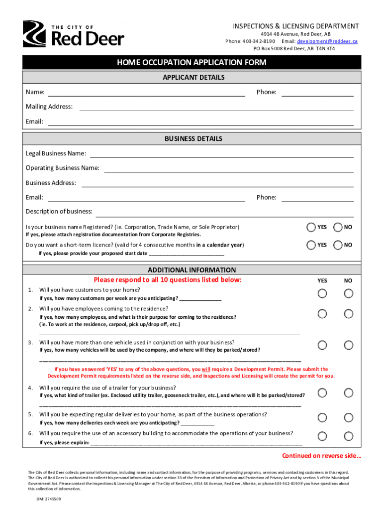 Fillable Online HomeBased Business Licence Application Form. Home