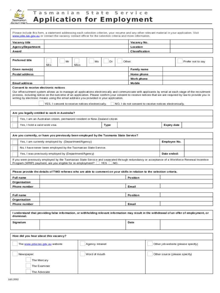 Application for Employment ( 201) (Word) doccentre tastafe tas edu