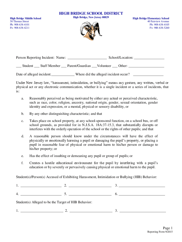 Fillable Online High Bridge Middle School 50 Thomas St, High Bridge, NJ Fax Email Print
