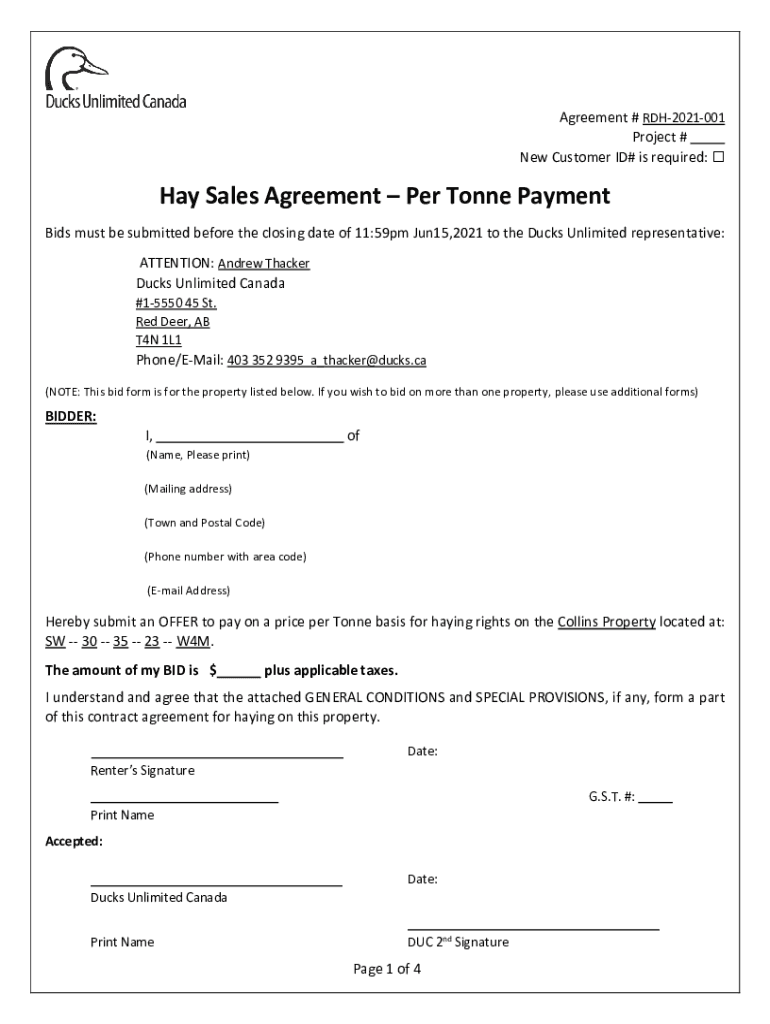 Fillable Online Hay Sales Agreement Per Tonne Payment Ducks Unlimited
