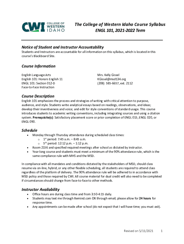 Fillable Online The College of Western Idaho Course Syllabus ENGL 101