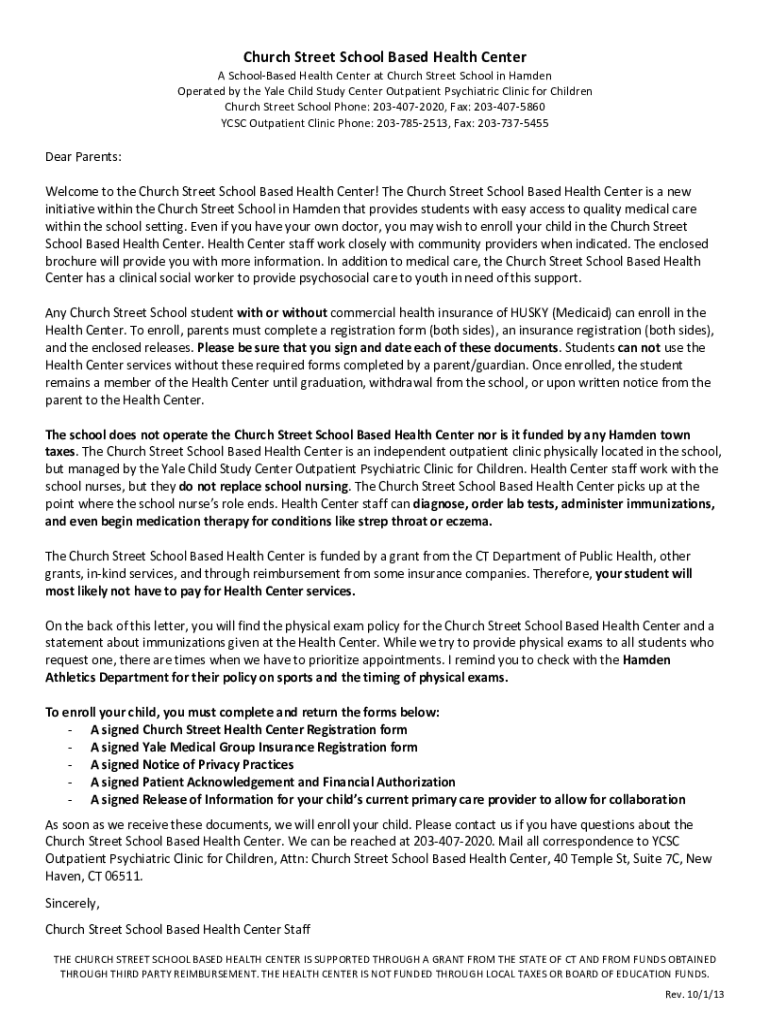 Fillable Online Church Street School SBHC 95 Church St Hamden, CT Schools Fax Email Print