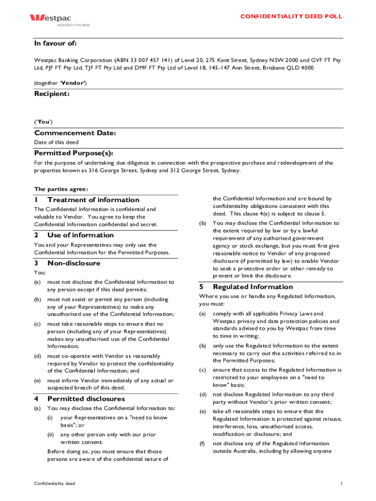 Fillable Online MRE Street, Sydney Confidentiality Deed Poll