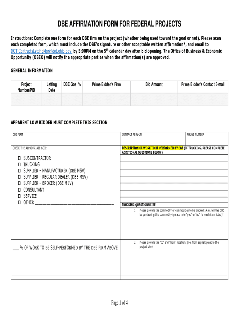 Fillable Online DBE Affirmation Form (PN013) - Projects Sold on ...