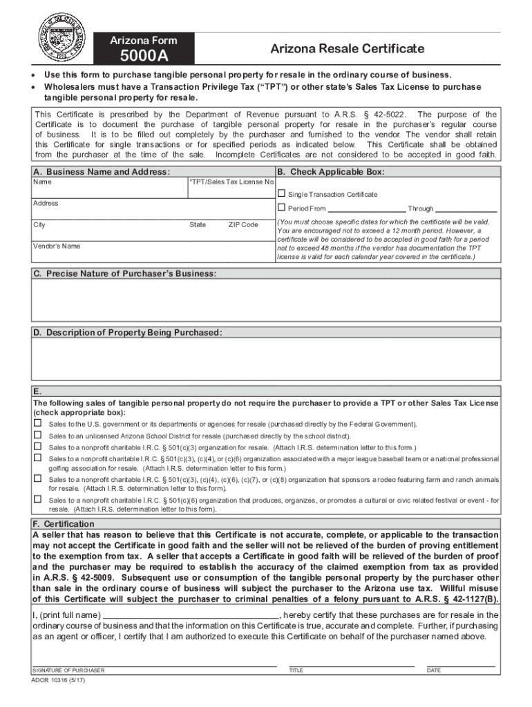 Fillable Online Form 5000A Arizona Resale Certificate. Request for Taxpayer Identification