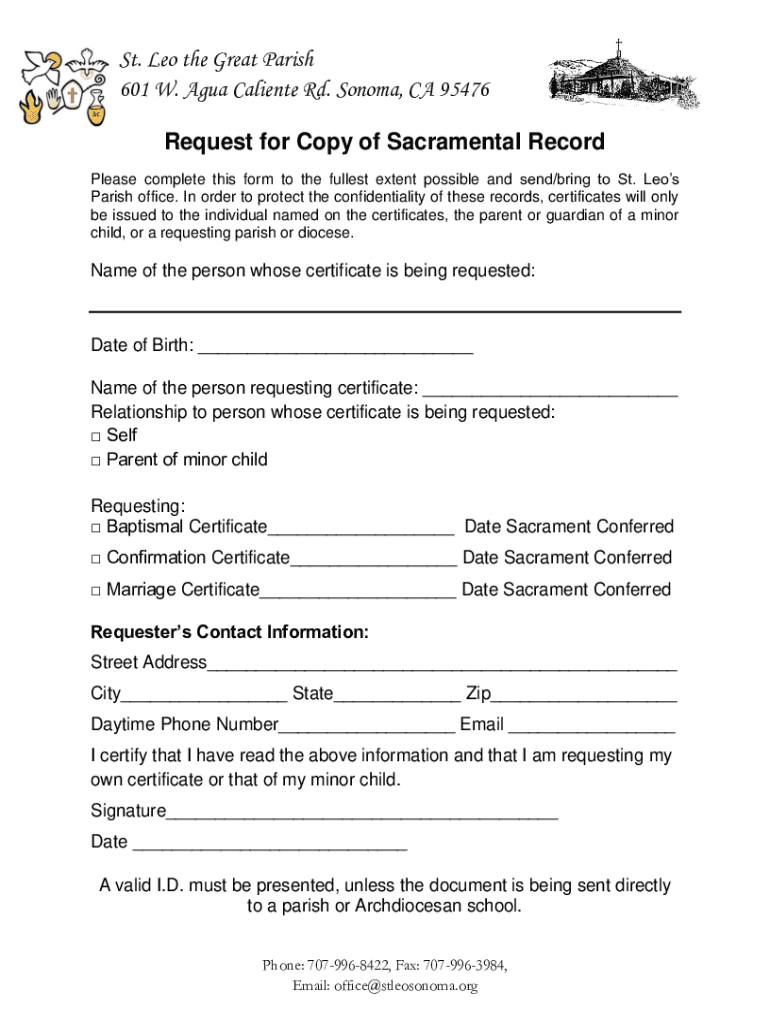 Fillable Online St. Leo the Great Parish 601 W. Agua Caliente Rd