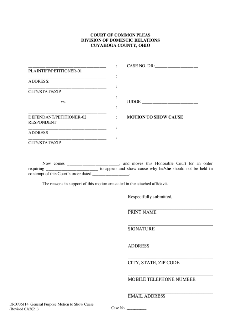 Fillable Online domestic cuyahogacounty General Motion Show Cause ...