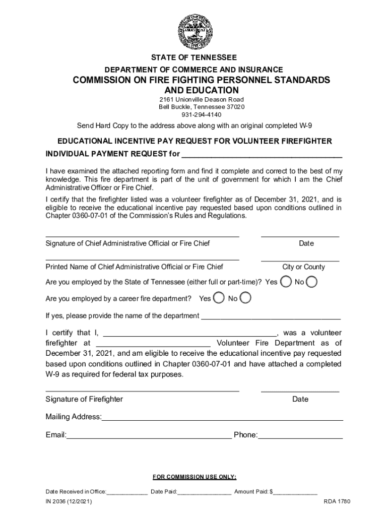 Fillable Online Educational Incentive Pay Request for Individua Volunteer Firefighters with