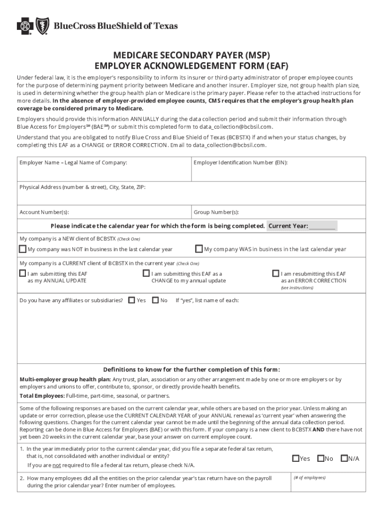 Fillable Online Medicare Secondary Payer (MSP) Employer Acknowledgement