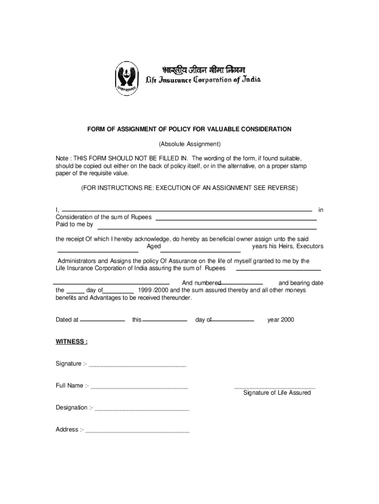 Fillable Online Lic Form Of Absolute Assignment Of Policy For Valuable ...