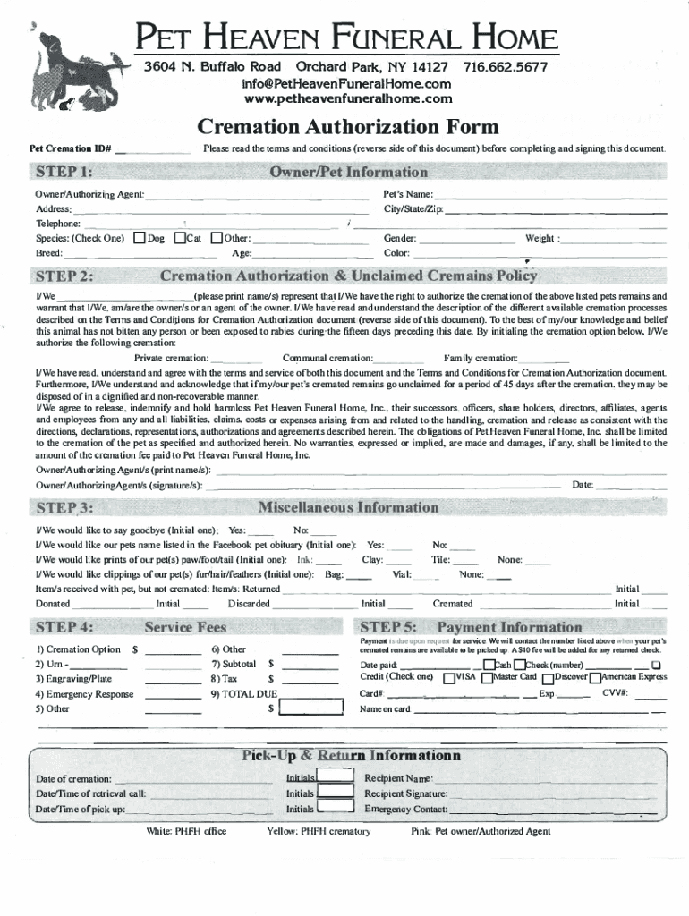 Fillable Online Pet Heaven Funeral Home Inc 3604 N Buffalo St