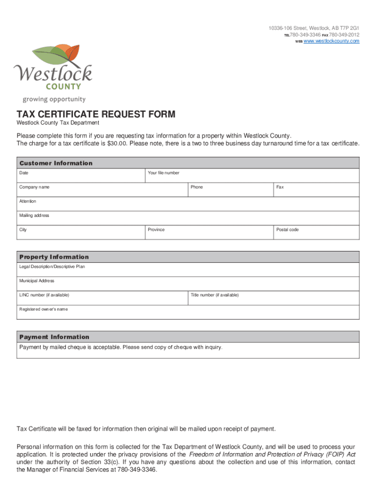Fillable Online TAX CERTIFICATE REQUEST FORM Westlock County Fax
