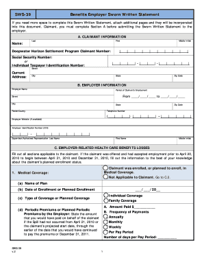 SWS-39 Benefits Employer Sworn Written Statement