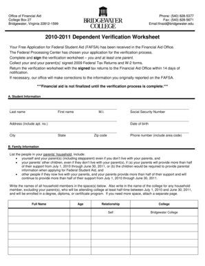 2010-2011 Dependent Verification Worksheet