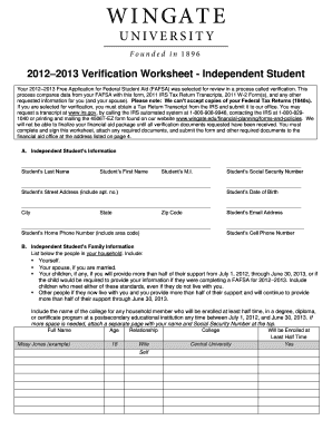 2012–2013 Verification Worksheet - Independent Student
