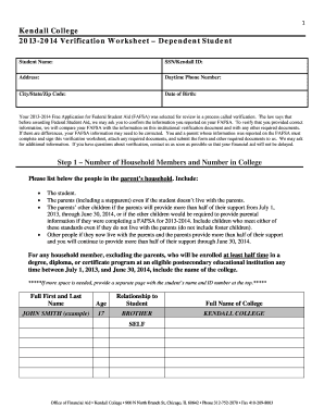Kendall College Verification Worksheet