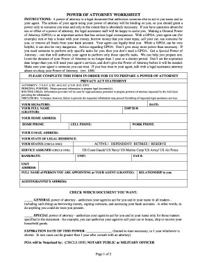 Power of Attorney Worksheet