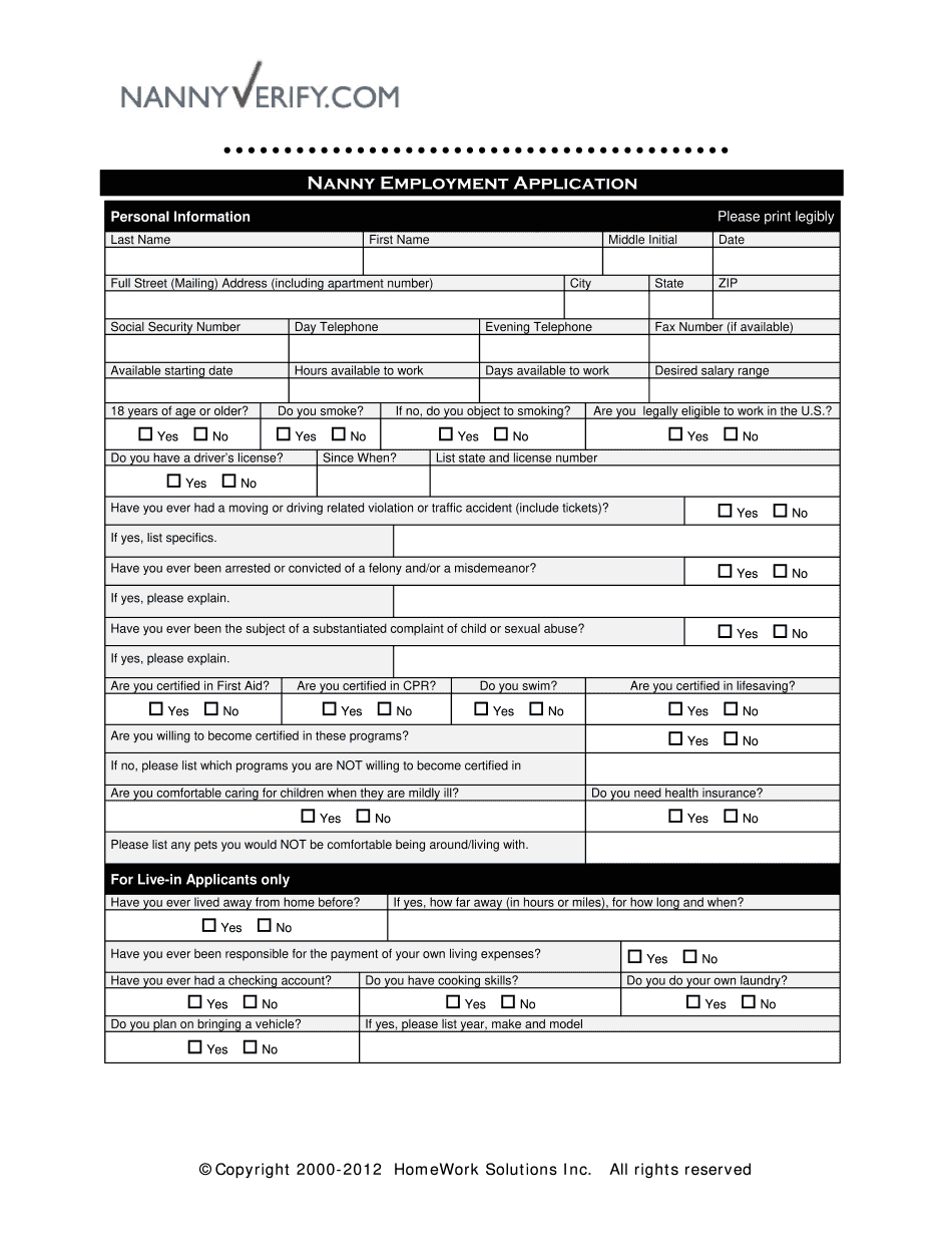 Nanny Application Form Printable Blank PDF Online