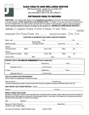 NJCU Entrance Health Record