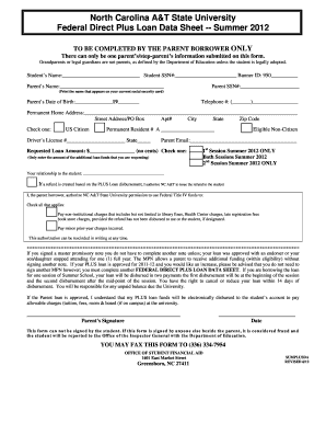 Federal Direct Plus Loan Data Sheet