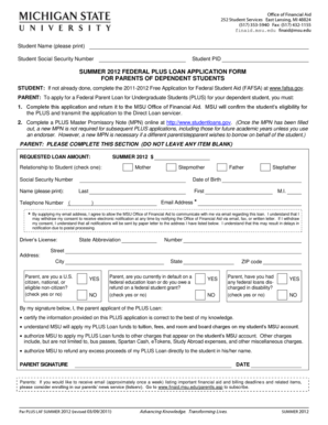 Summer 2012 Federal Plus Loan Application Form
