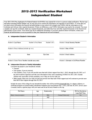 2012-2013 Independent Student Verification Worksheet