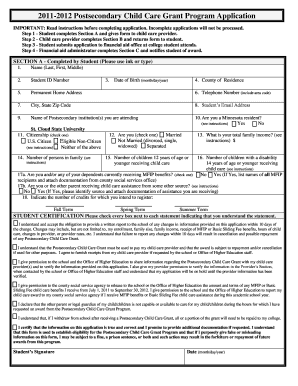 2011-2012 Postsecondary Child Care Grant Application