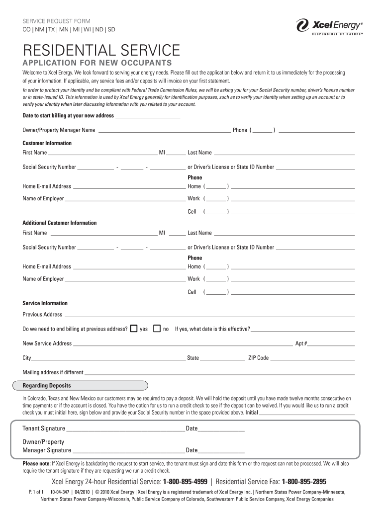 xcel energy new service application Preview on Page 1