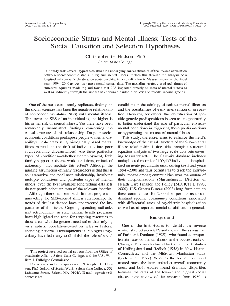 Fillable Online apa Socioeconomic Status and Mental Illness American