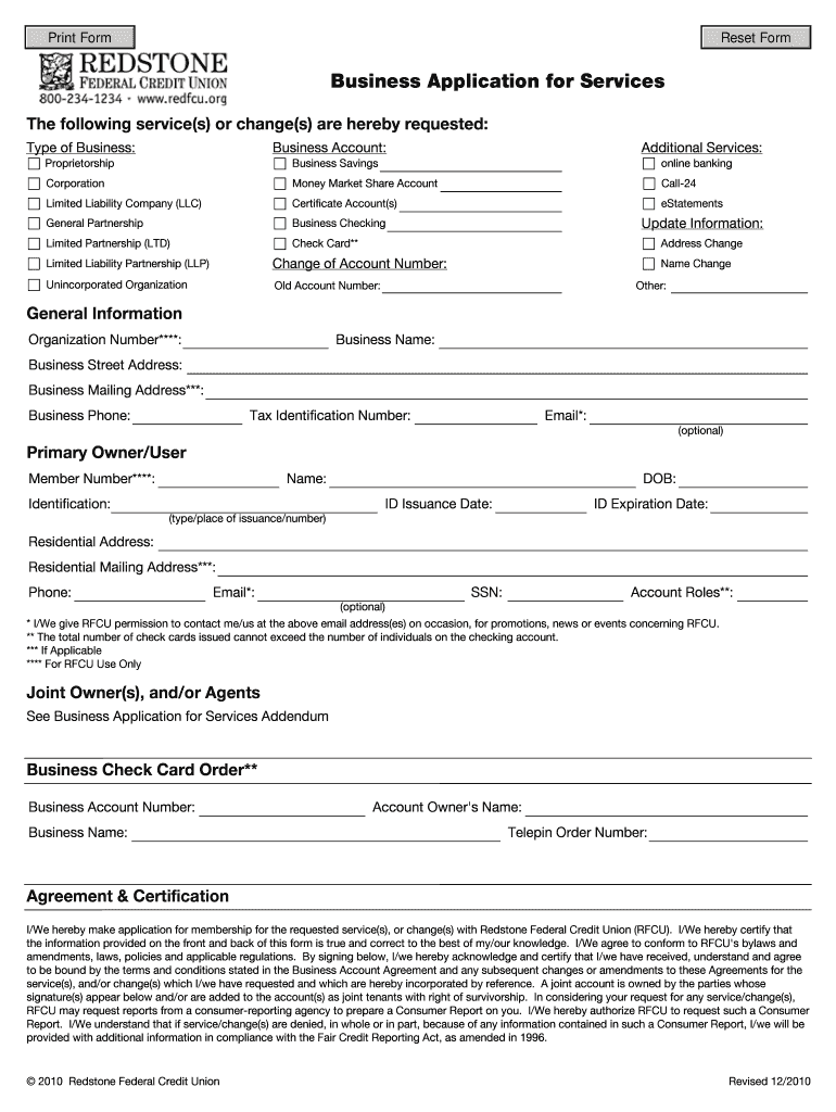 Business Application for Services - Redstone Federal Credit Union Preview on Page 1