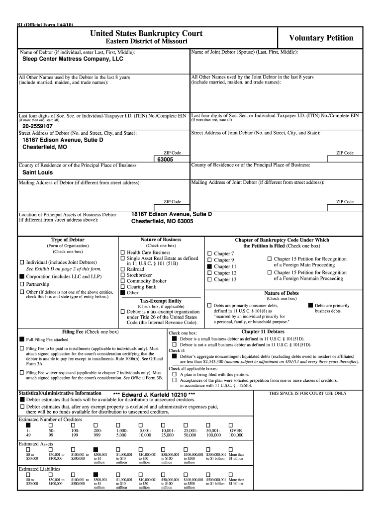 Bankruptcy Forms Sleep Center Mattress Company, LLC - Edward J Karfeld 10210 Preview on Page 1